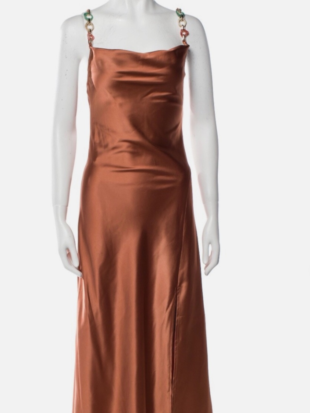 Jason Wu Lana Copper Rust Satin Cowl Neck Midi Slit Dress Resin Chain Straps XS